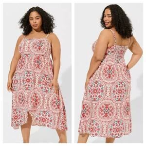 Torrid Challis Square Neck Dress 5X Ivory Red Floral Strappy Resort Vacation